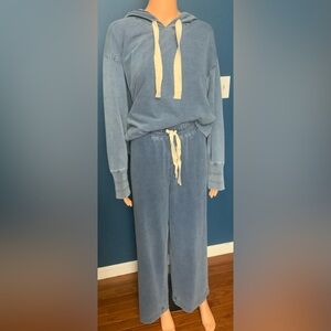 Jane and Delancey Blue Hooded Jumpsuit with Cream Drawstrings
